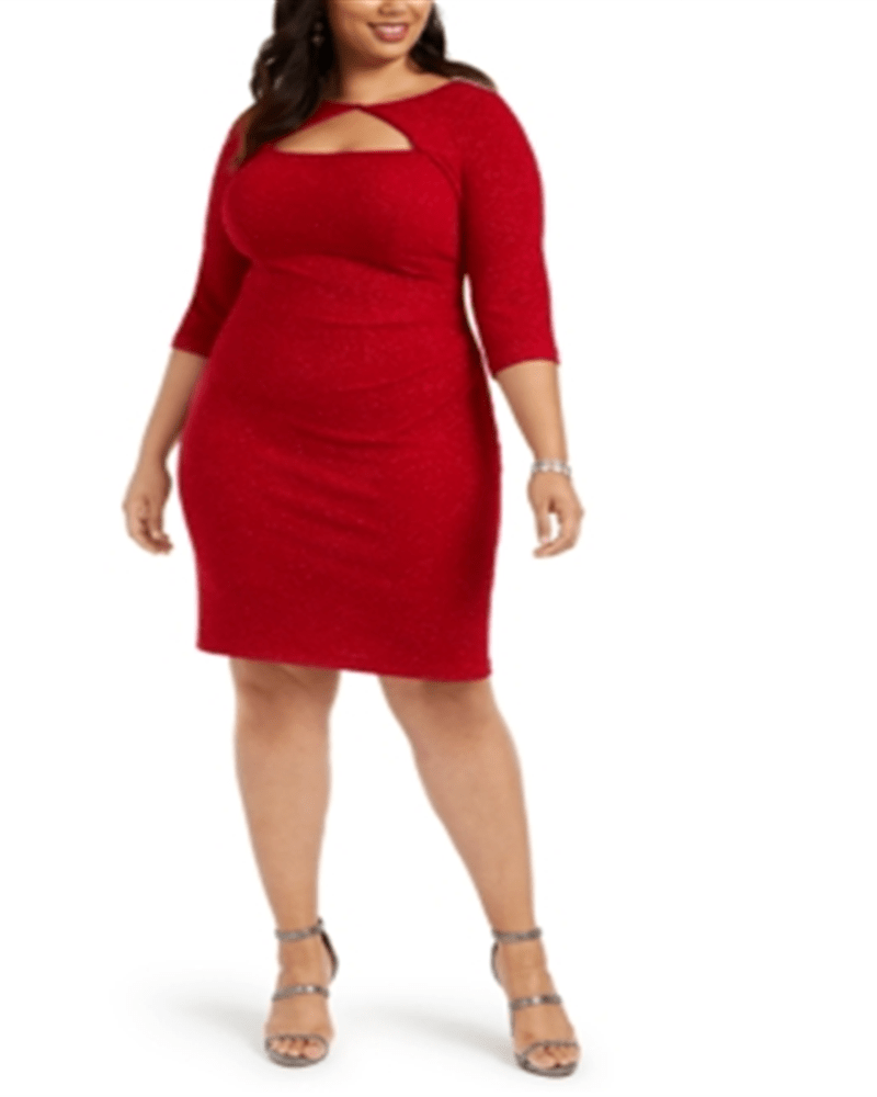 Front of a model wearing a size 14W Alex Evenings Women's Long Sleeve Short Body Con Cocktail Dress Plus Red Size 14W in Red by Alex Evenings. | dia_product_style_image_id:312500